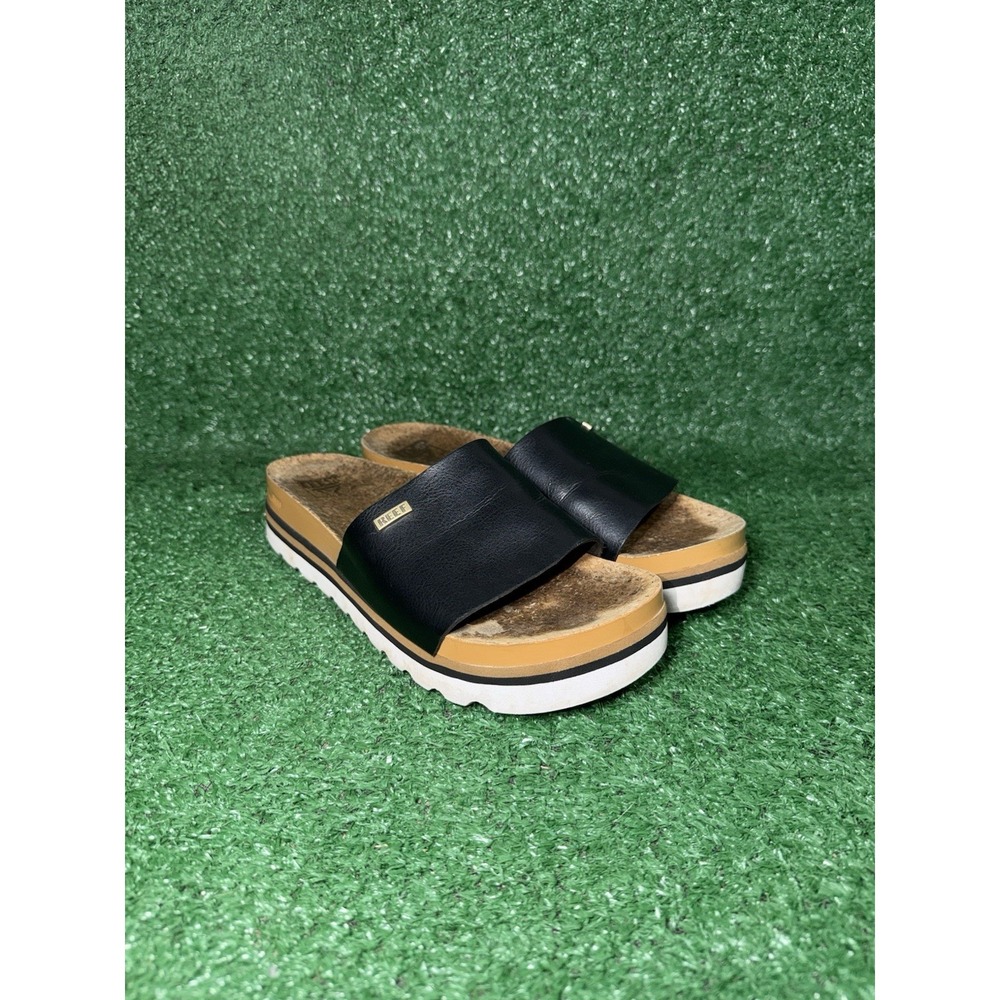 Reef Sandals Womens Size 8 Cushion Scout Hi Brown Black Leather Beach Slides - Picture 2 of 9